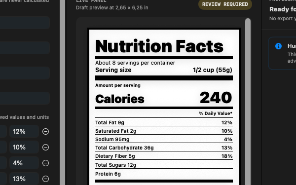 PanelLint live Nutrition Facts panel preview