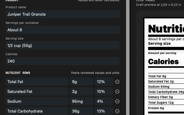 PanelLint editor with supplied product, serving and nutrient values